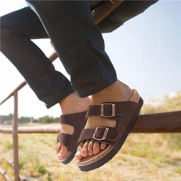 Platform Suede Sandals for Women Cork Footbed Adjustable Buckle Summer Slides - Picture 7 of 8